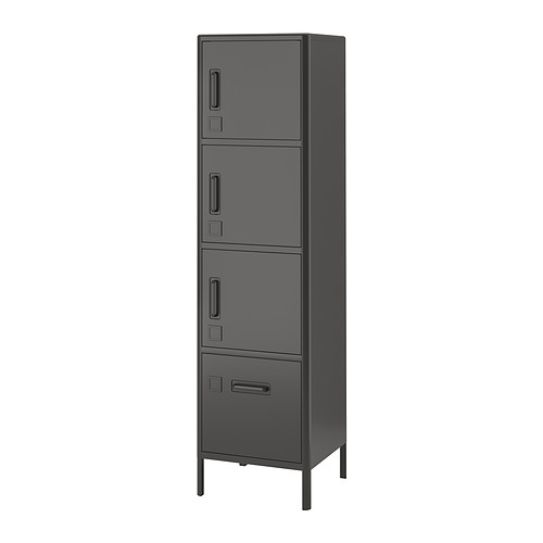 Armario de almacenaje IDÅSEN negro con múltiples compartimentos y un diseño elegante y moderno.