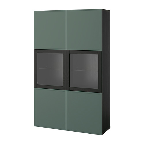 Mueble de almacenaje BESTÅ, verde azulado y negro, rectangular, cuatro puertas, dos cristales.