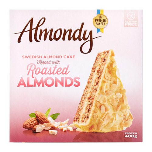 Caja ALMONDY: bizcocho sueco de almendras con almendras tostadas, sin gluten, 400g.