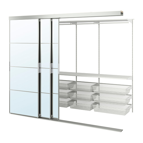 Armario blanco moderno con puertas de espejo y cajones de malla, diseño minimalista.