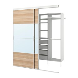 SKYTTA/AURDAL, walk-in wardrobe with sliding doors, White AURDAL / MEHAMN white stained oak  / AULI mirror glass