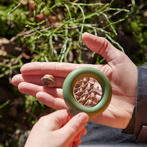 Las manos sostienen una brújula con lentes de aumento y prisma al aire libre.