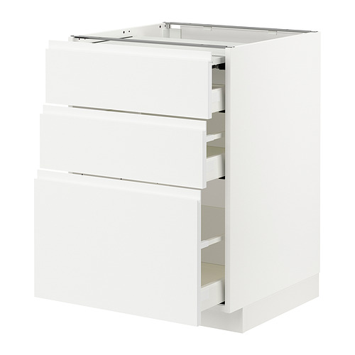 Mueble de cocina blanco, diseño moderno, tres cajones, minimalista, bordes lisos.