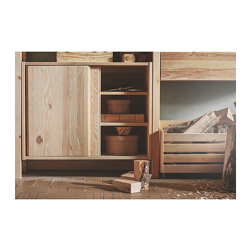 Mueble de almacenaje de madera IVAR, marrón claro, estantes abiertos con cestas y puertas, pino resistente.