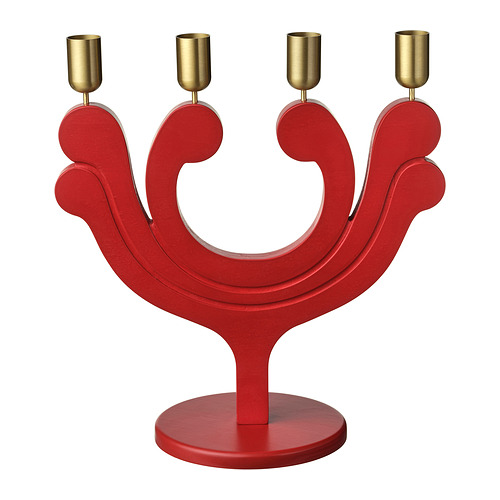 Candelabro rojo VINTERFINT con cuatro velas doradas, forma geométrica.