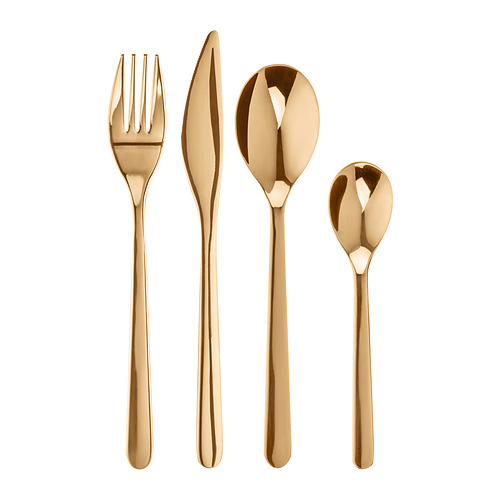 Juego de cubiertos de acero inoxidable de color dorado: tenedor, cuchillo, cuchara grande, cuchara pequeña. Diseño elegante y elegante para la configuración de mesas.