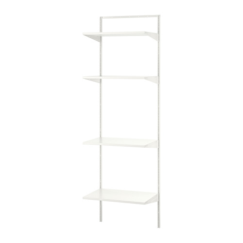 Una estantería BOAXEL blanca con cuatro niveles. Los marcos metálicos de diseño minimalista y los estantes de tableros de partículas, ideales para organizar diversos artículos.