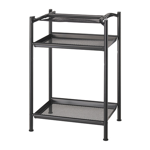 Se trata de una unidad de almacenamiento LAGKAPTEN negra con dos estantes de malla, robustas patas metálicas y pies ajustables para mayor estabilidad.