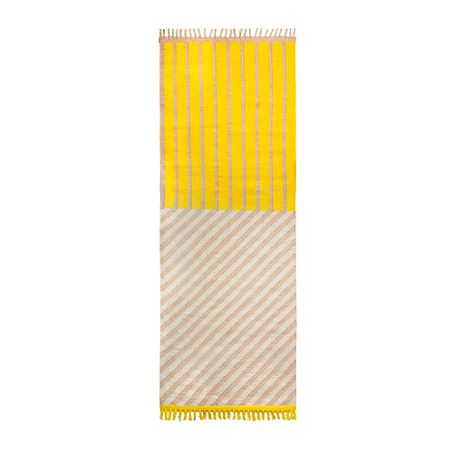 Alfombra de rayas amarillas y beige brillantes con flecos. Tejido a mano a partir de yute y lana.