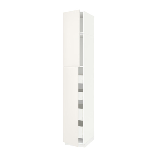 Mueble de cocina METOD, blanco, delgado, rectangular, con superficies lisas y múltiples estantes.