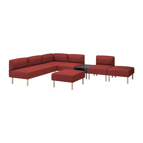 Conjunto de sofá modular rojo con patas de madera y mesa de centro oscura. Diseño moderno y limpio.