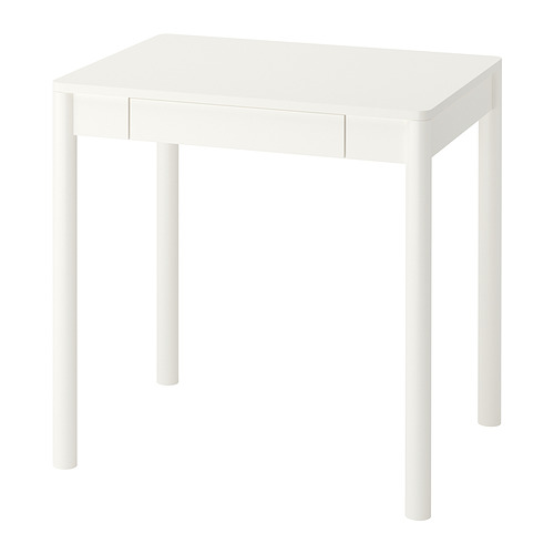 Un escritorio blanco de la serie TONSTAD con un cajón. Tiene una parte superior cuadrada, cuatro patas cilíndricas y un diseño clásico en blanco roto. Perfecto para espacios pequeños.