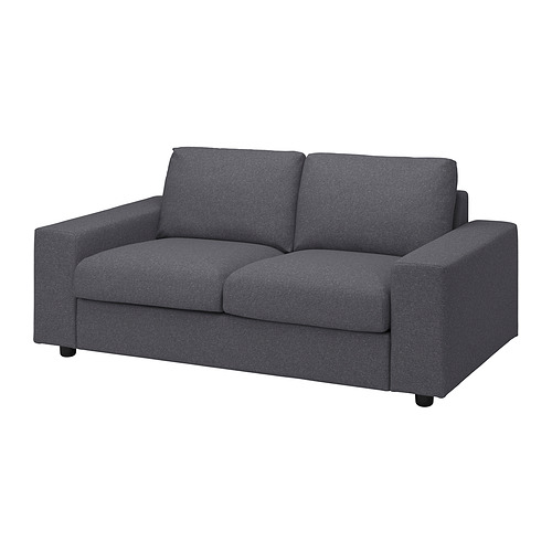 Sofá VIMLE, gris, diseño minimalista moderno, forma rectangular, tapizado en tela, dos cojines.