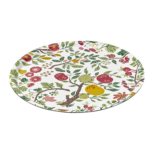 Bandeja decorativa redonda con diseño floral, frutos rojos y hojas verdes sobre fondo blanco. Fabricado en melamina de alta presión.