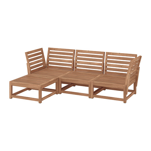 Conjunto de muebles de exterior de madera, rectangular con diseño de listones, acabado en marrón claro.