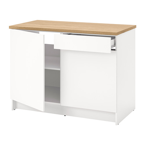 Mueble de cocina blanco KNOXHULT, encimera de roble, amplio espacio de almacenamiento, estantes ajustables.