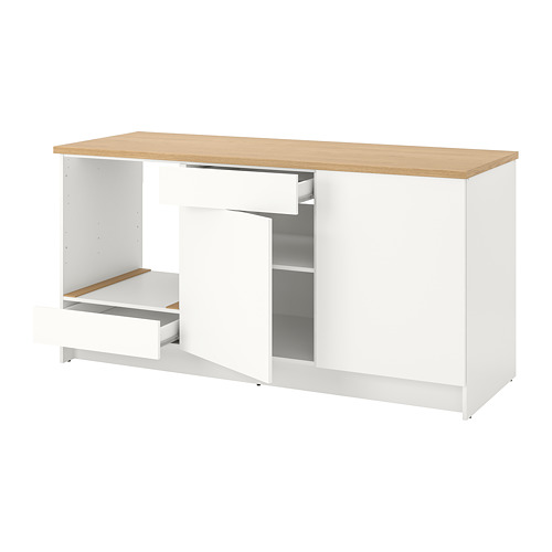 Mueble de cocina modular KNOXHULT: blanco, encimera de roble, estante abierto, armario cerrado, cajón.