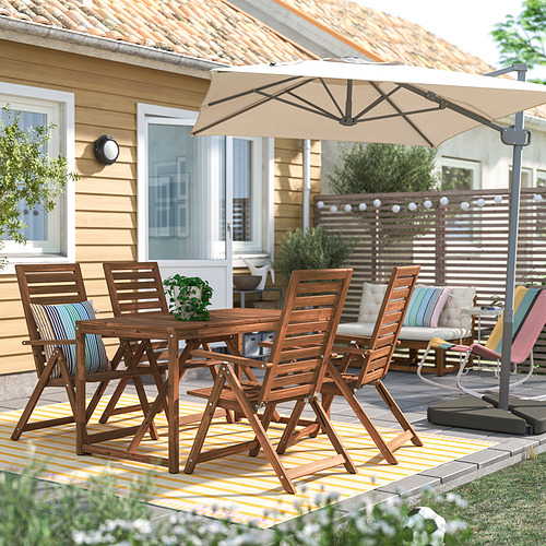 Patio trasero con juego de comedor, mesa y sillas NÄMMARÖ. Paraguas beige, cojines a rayas. Casa amarilla, vegetación. Espacio acogedor.