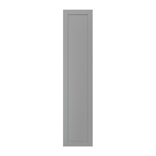 Una puerta de armario gris GULLABERG con un diseño clásico. Es rectangular, con líneas verticales dentro de un marco gris.