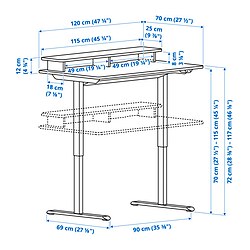 Ilustración de medidas - TRAVSPORT mesa sentado/de pie
