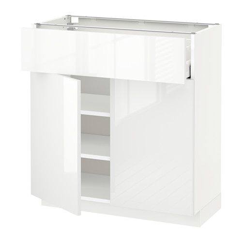 Mueble de cocina moderno METOD, blanco de alto brillo, estantes ajustables, cajón liso, resistente a la humedad.