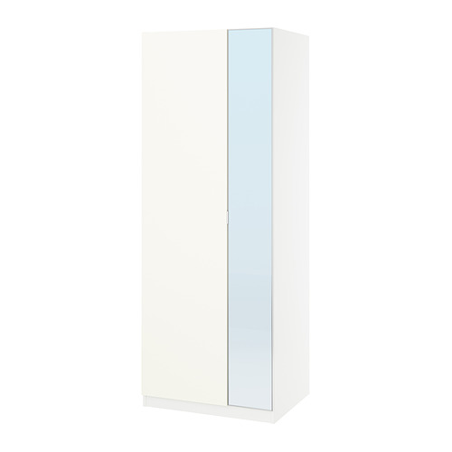 Armario PAX: blanco, delgado, puertas correderas con espejo, pies ajustables, bisagras de cierre suave, soluciones de almacenamiento interno.