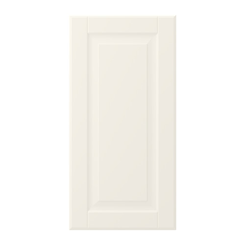 Una puerta de armario BODBYN blanca con un diseño liso y clásico con un panel biselado.