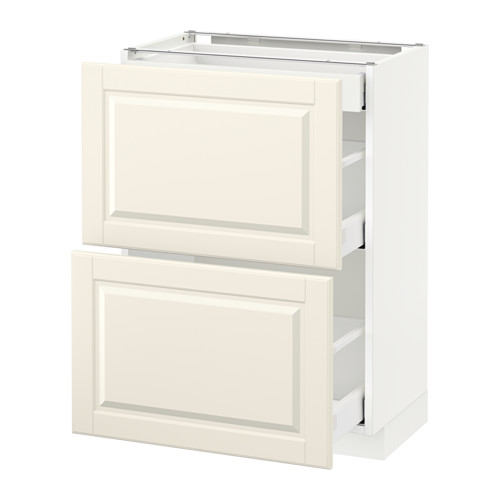 Esta imagen muestra un mueble de cocina METOD blanco con dos cajones y dos puertas, con bordes biselados y un diseño clásico.