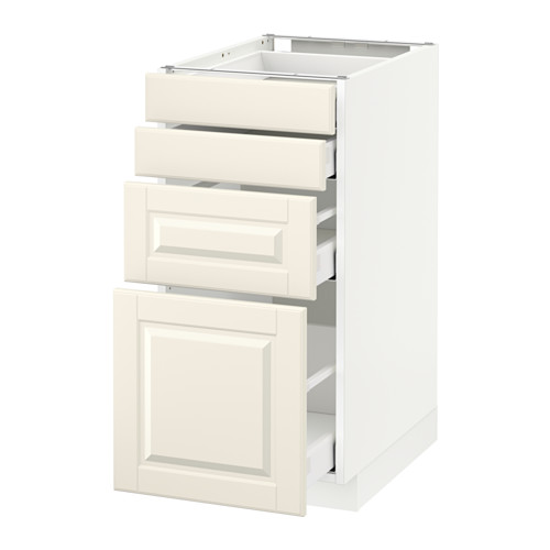 Mueble de cocina METOD blanco roto con tres cajones y una puerta, con bordes lisos, construcción robusta y cajones de cierre automático.