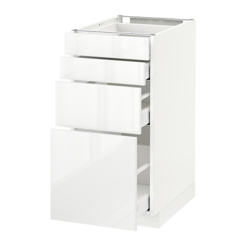 Esta imagen muestra un mueble de cocina METOD blanco de alto brillo con varios cajones modernos y de funcionamiento suave.