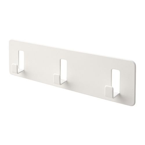 Un estante de pared GALTBOX blanco con tres ganchos. Está hecho de acero y tiene un diseño simple y rectangular.