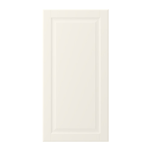 Una puerta de armario BODBYN de color blanco roto con un diseño tradicional de panel biselado. Está fabricado en tablero de fibra y tiene un acabado lacado liso y fácil de limpiar.