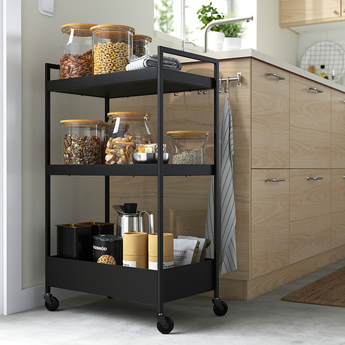 Carro de cocina NISSAFORS negro de 3 niveles con bocadillos y artículos, con ruedas.