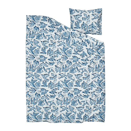 Juego de edredón y funda de almohada BITTERSÖTA, pájaros azules sobre blanco, poliéster reciclado y viscosa, liso y suave.