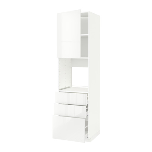 Un mueble de cocina blanco y moderno del sistema METOD de ikea con puertas y cajones ringhult de alto brillo.