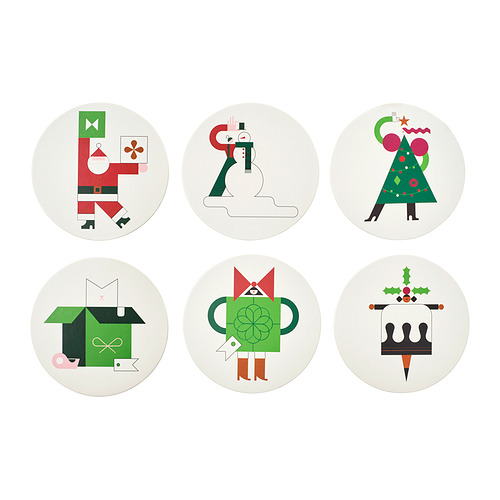 Seis coloridas ilustraciones navideñas en círculos; Incluye Papá Noel, muñeco de nieve, árbol de Navidad, casa, regalo, pastel.