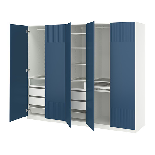 Armario PAX azul con puertas, estantes y cajones abiertos de estilo moderno.