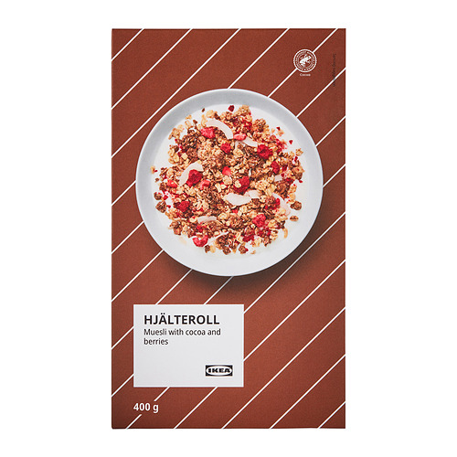 Caja de IKEA HJÄLTEROLL con muesli de cacao y frutos rojos, 400g.