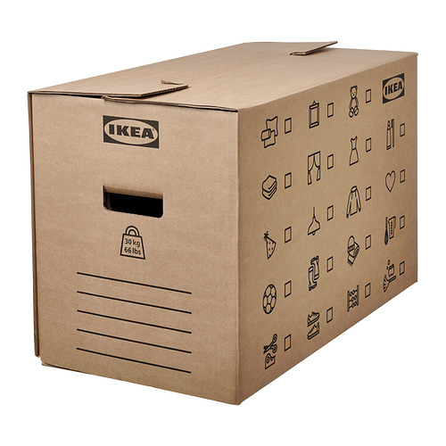 Caja de mudanza de cartón marrón DUNDERGUBBE de Ikea con asas recortadas, varios iconos para etiquetar el contenido.