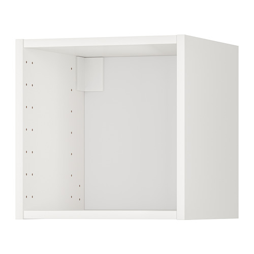 Un armario de pared METOD blanco de ikea. Es rectangular con una superficie plana y puertas de vidrio, apta para el almacenamiento en la cocina.