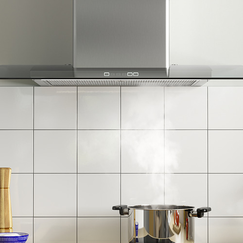 Campana de cocina moderna con borde de vidrio, acero inoxidable, luces led y panel de control. Extrae 453 m³/h y tiene tres ajustes de velocidad.