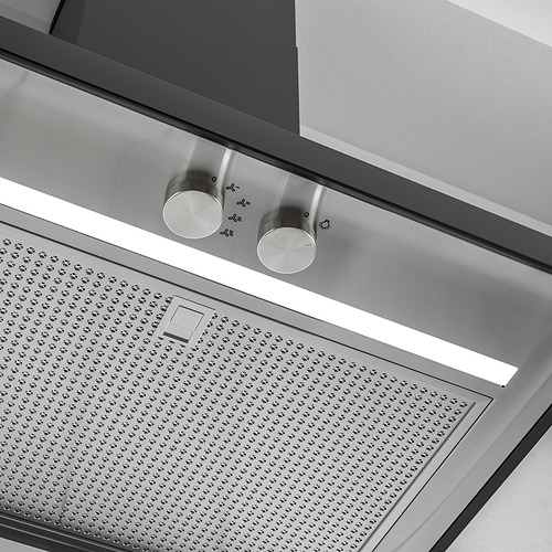 Campana extractora de cocina moderna con diseño elegante e iluminación led. Construcción en acero inoxidable, acabado en negro, líneas limpias.