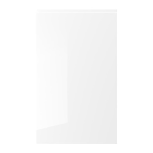 Gabinete de cocina blanco brillante VOXTORP con diseño elegante sin manijas, frente de tablero de fibra, aspecto moderno.