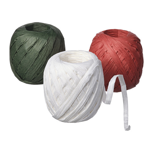 Tres coloridos carretes de cinta de papel: verde, blanco y rojo. Forma redonda, acabado metalizado.