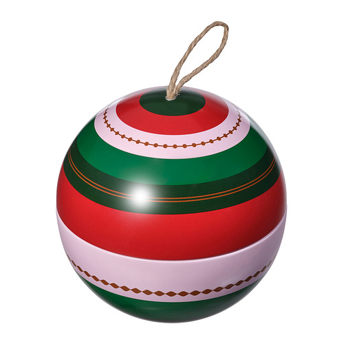 Adorno navideño esférico VINTERFINT. Rayas rojas, verdes y blancas con acentos marrones. Hecho de cerámica.