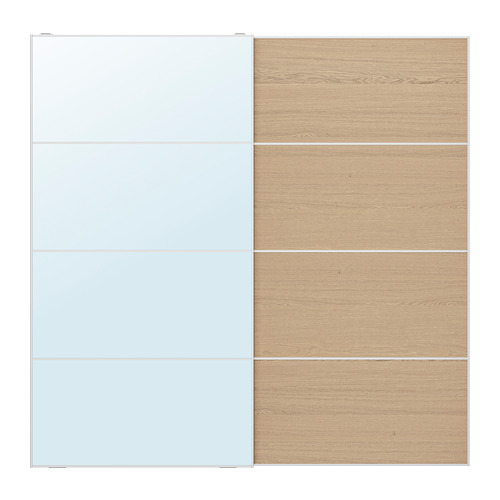 Puertas de armario modernas de dos tonos con panel izquierdo con espejo, panel derecho de madera clara, marco de aluminio, diseño elegante.