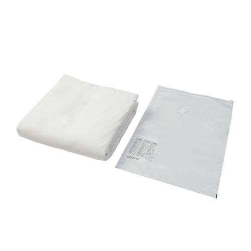 Dos bolsas blancas de almacenamiento al vacío, una plegada y otra abierta, lo que demuestra una solución de almacenamiento para reducir el espacio.
