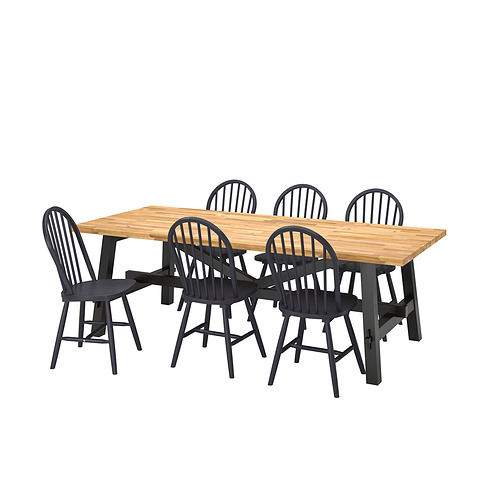 Juego de comedor SKOGSTA de 6 plazas con robusta mesa de acacia y sillas oscuras.
