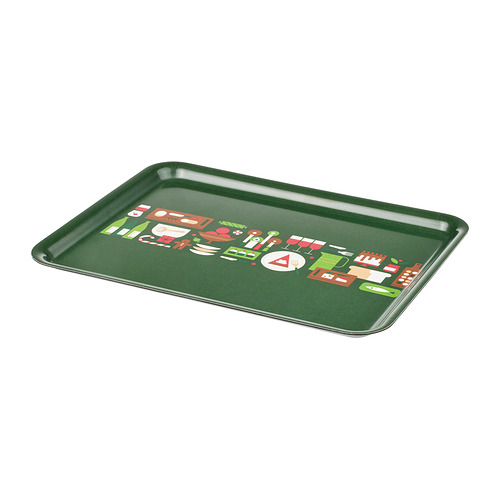 Bandeja VINTERFINT rectangular de color verde, fabricada en melamina, iconos de colores en el centro.