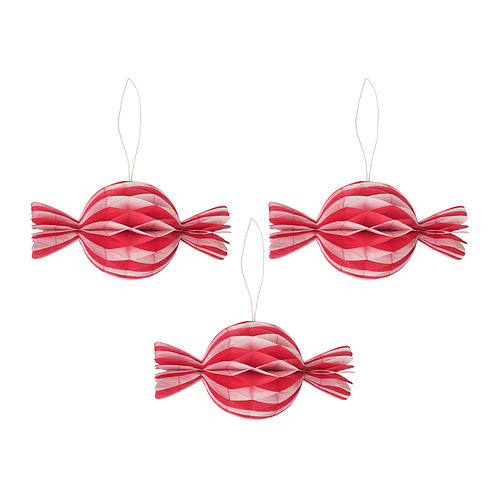 Tres panales de papel rojo y blanco, con forma de caramelo, cuelgan uno al lado del otro en un diseño festivo de piruleta.